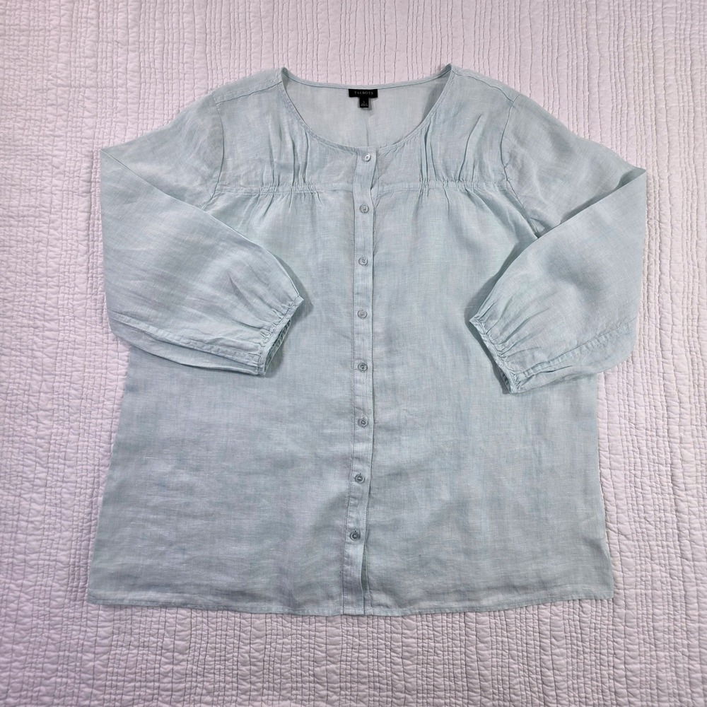Talbots Linen Button Front Blouse Women Large Light Blue EUC 3/4 Sleeve Pleated